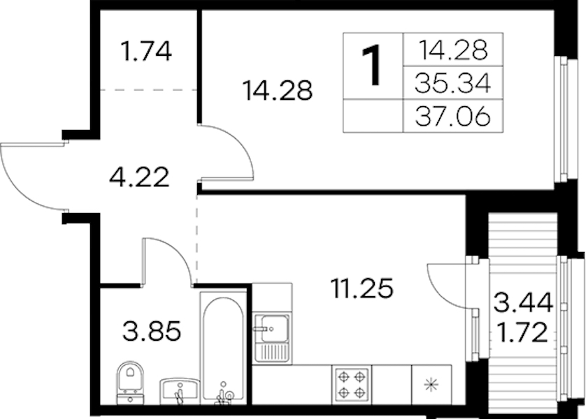 1-комнатная квартира 37.06 м², 4/15 эт., ЖК «GloraX Парголово»